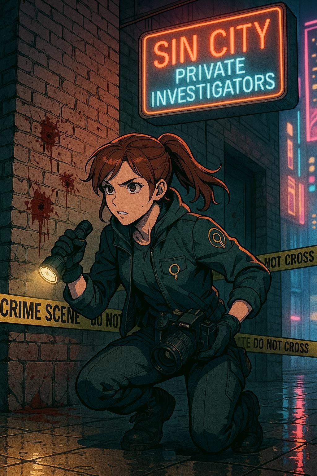 Mira sits at her glowing desk in tactical gear, calmly consulting a client as monitors and neon signage light the scene.