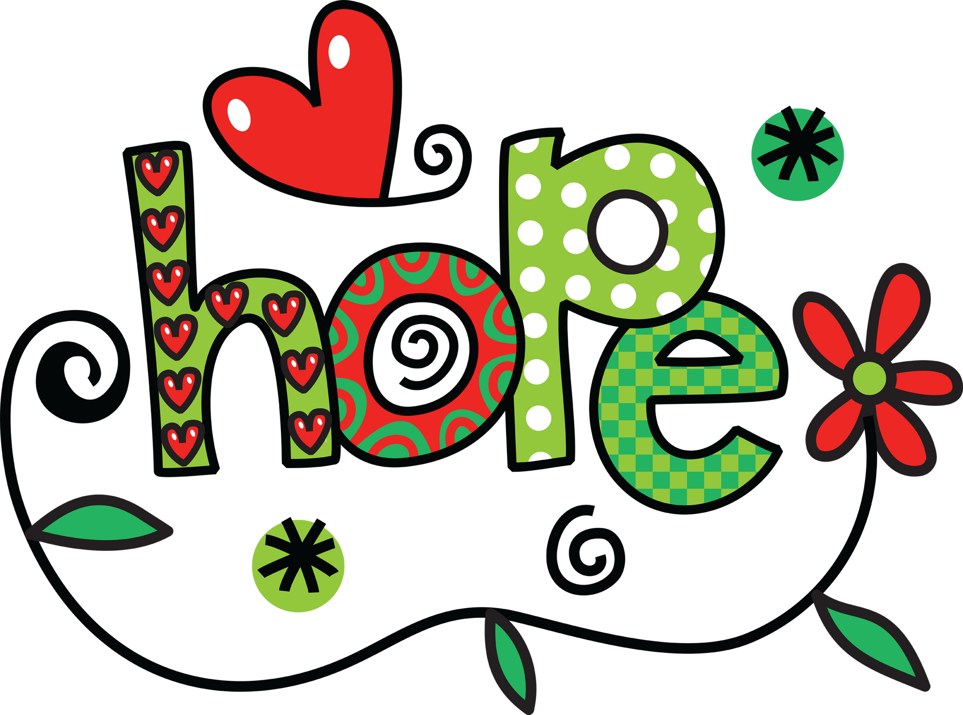 The word Hope written in bright colours and patterns
