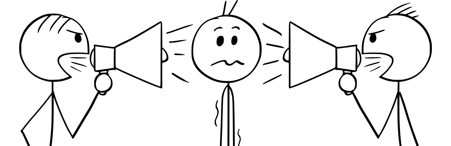 Three Stickman line drawings the two outer people are shouting through a megaphone at the person in the middle.