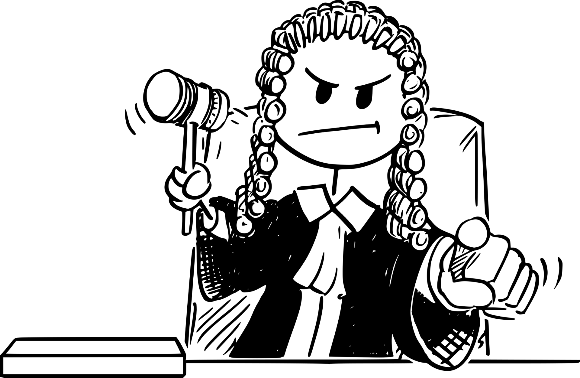 Stickman line drawing of a judge. He's wearing a judges wig, holding a gavel and pointing his finger at the reader.