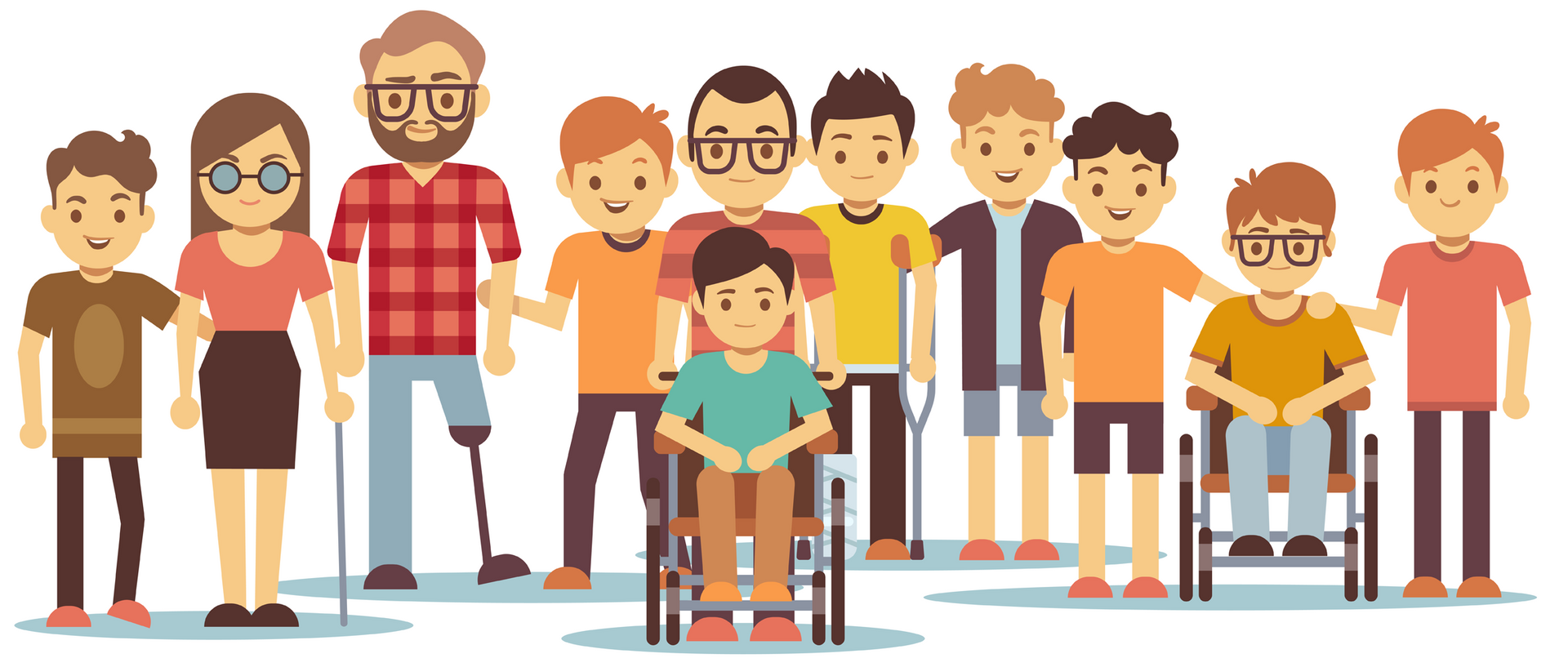 A cartoon drawing of a group of people. Al represent a type of disability - visible or invisible.