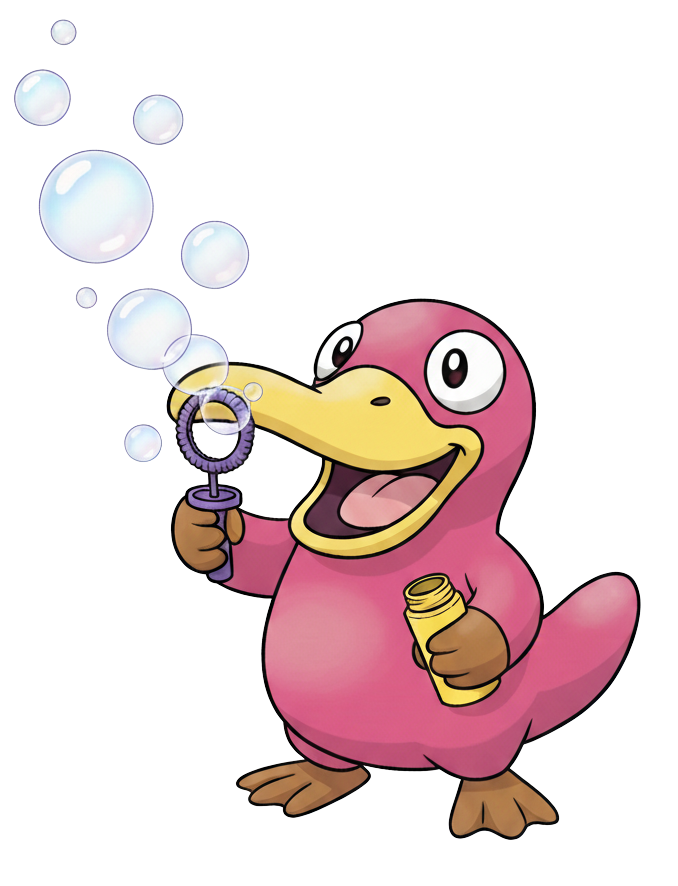 A cartoon of theo the pink platypus blowing bubbles