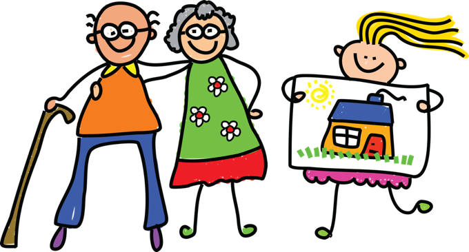 Line drawing people. Two grandparents and a child holding a drawing of their house.