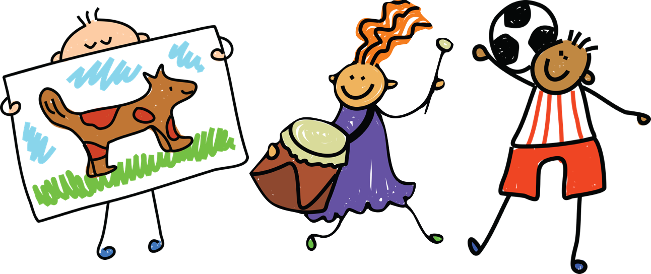 3 line drawing children. One holding a picture they have drawn, one banging a drum and the other holding a football on their shoulder.