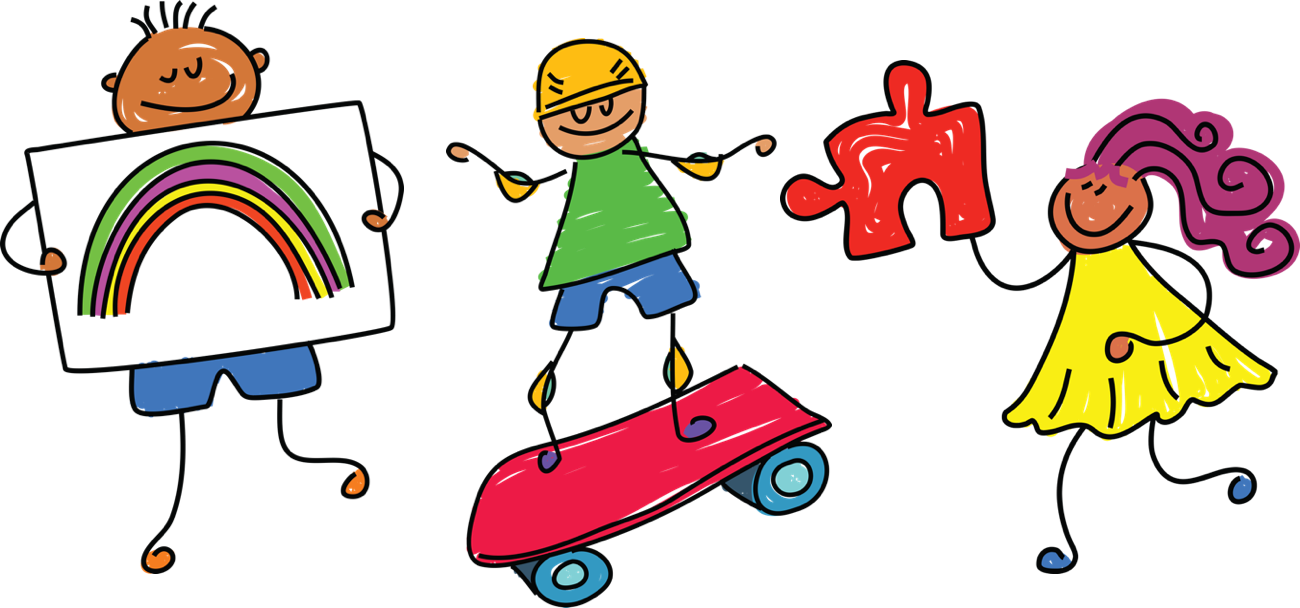 three line drawing children. One holding a picture of a rainbow, One on a skateboard and one holding a large jigsaw puzzle piece.