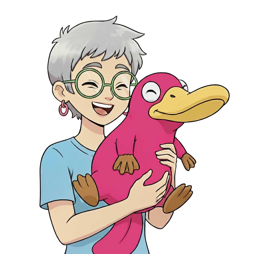 A cartoon of Kay holding a pink platypus