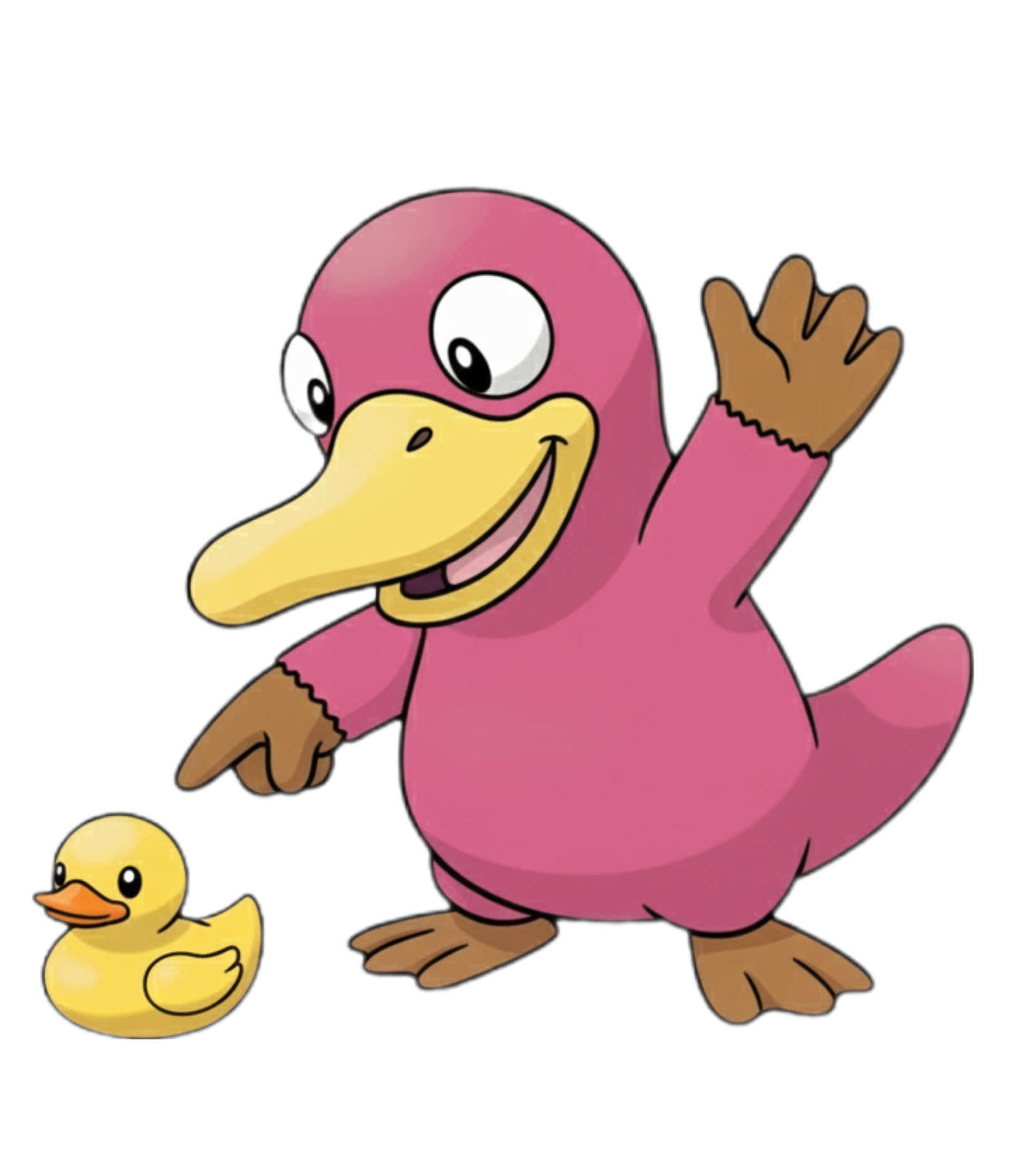 A cartoon of. theo platypus pointing at a yellow rubber duck.