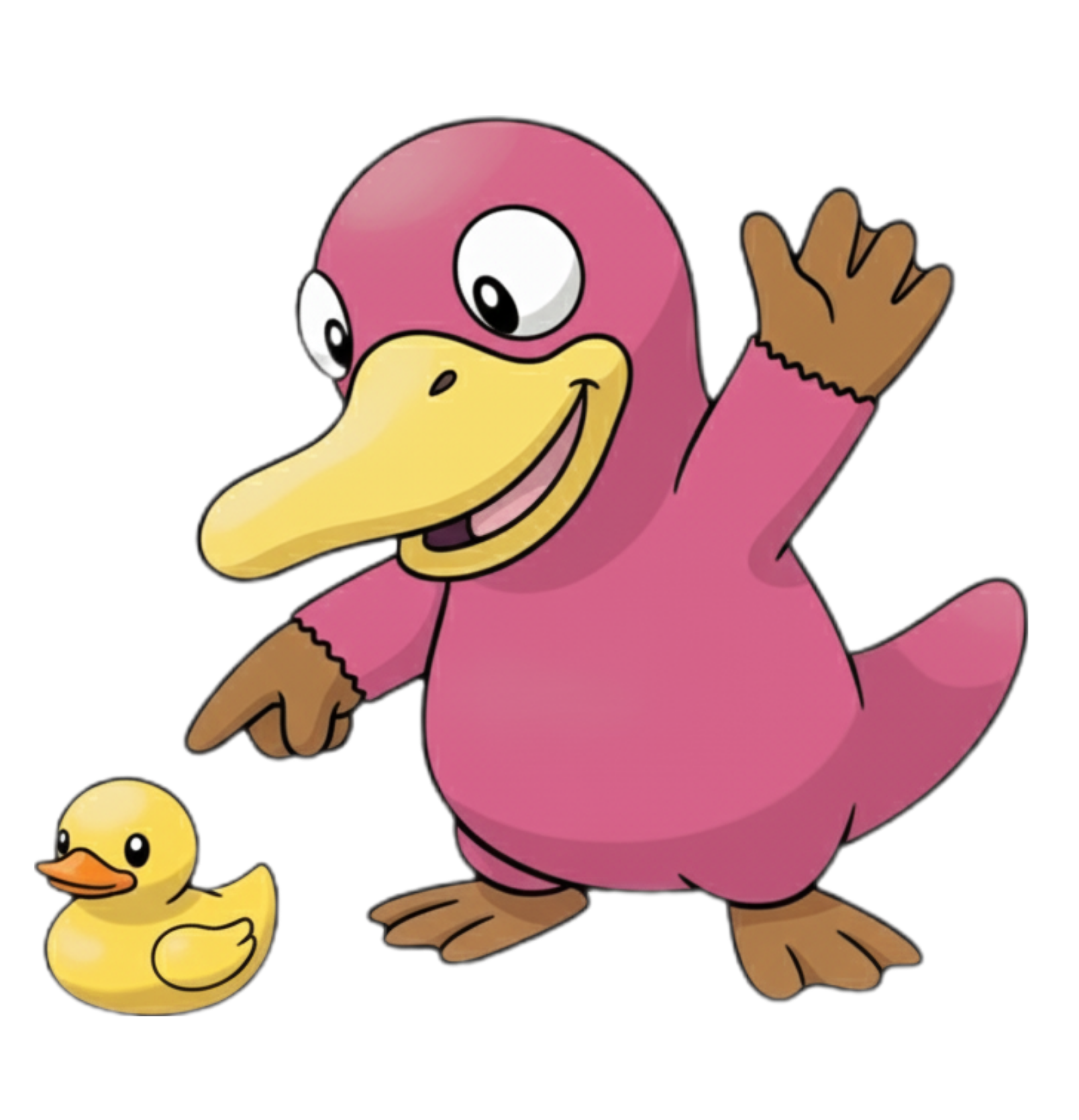 A cartoon of Theo Platypus pointing at a yellow rubber duck.