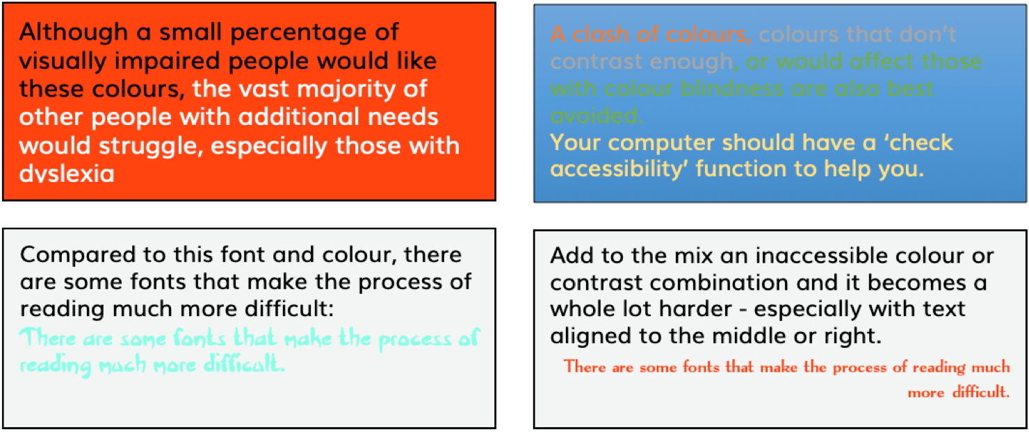 Four boxes showing different examples of poor accessibility in text.