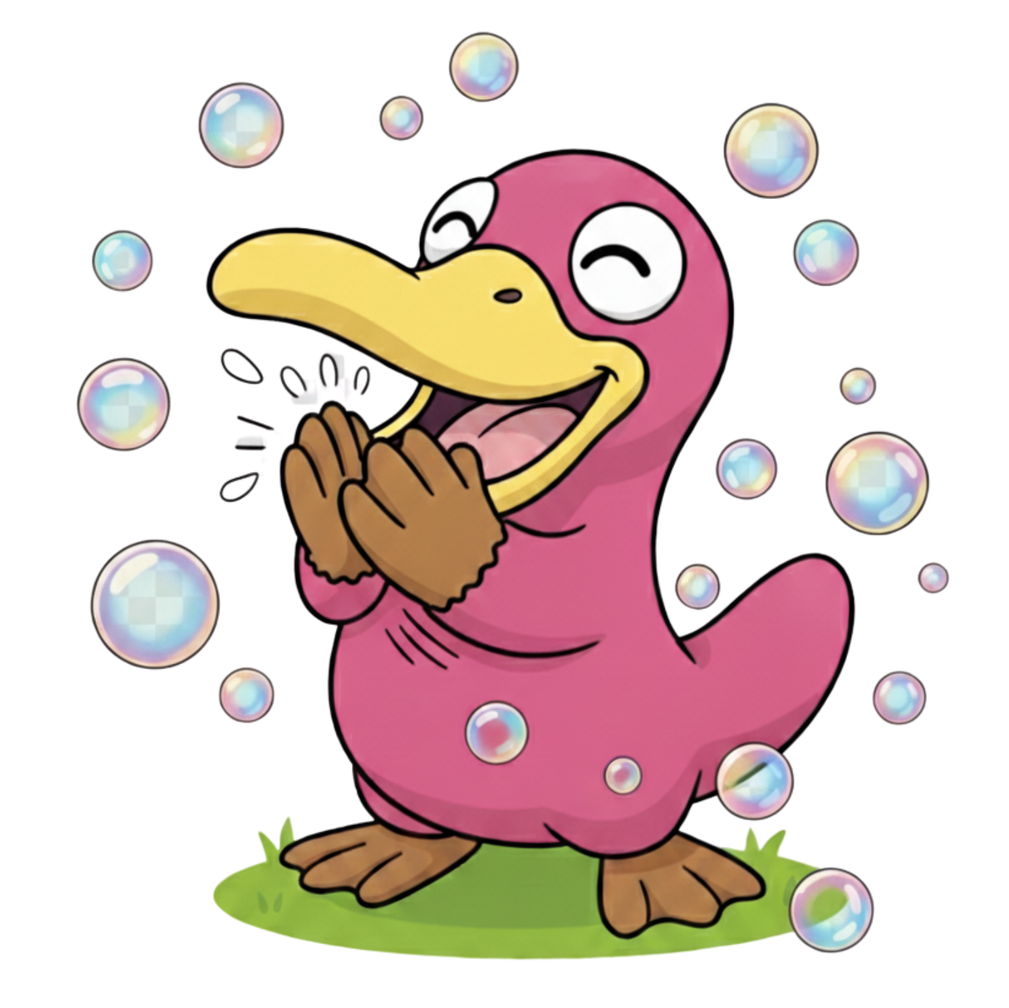 A cartoon of theo platypus. There are bubbles around him and he has burst one by clapping his hands over it.