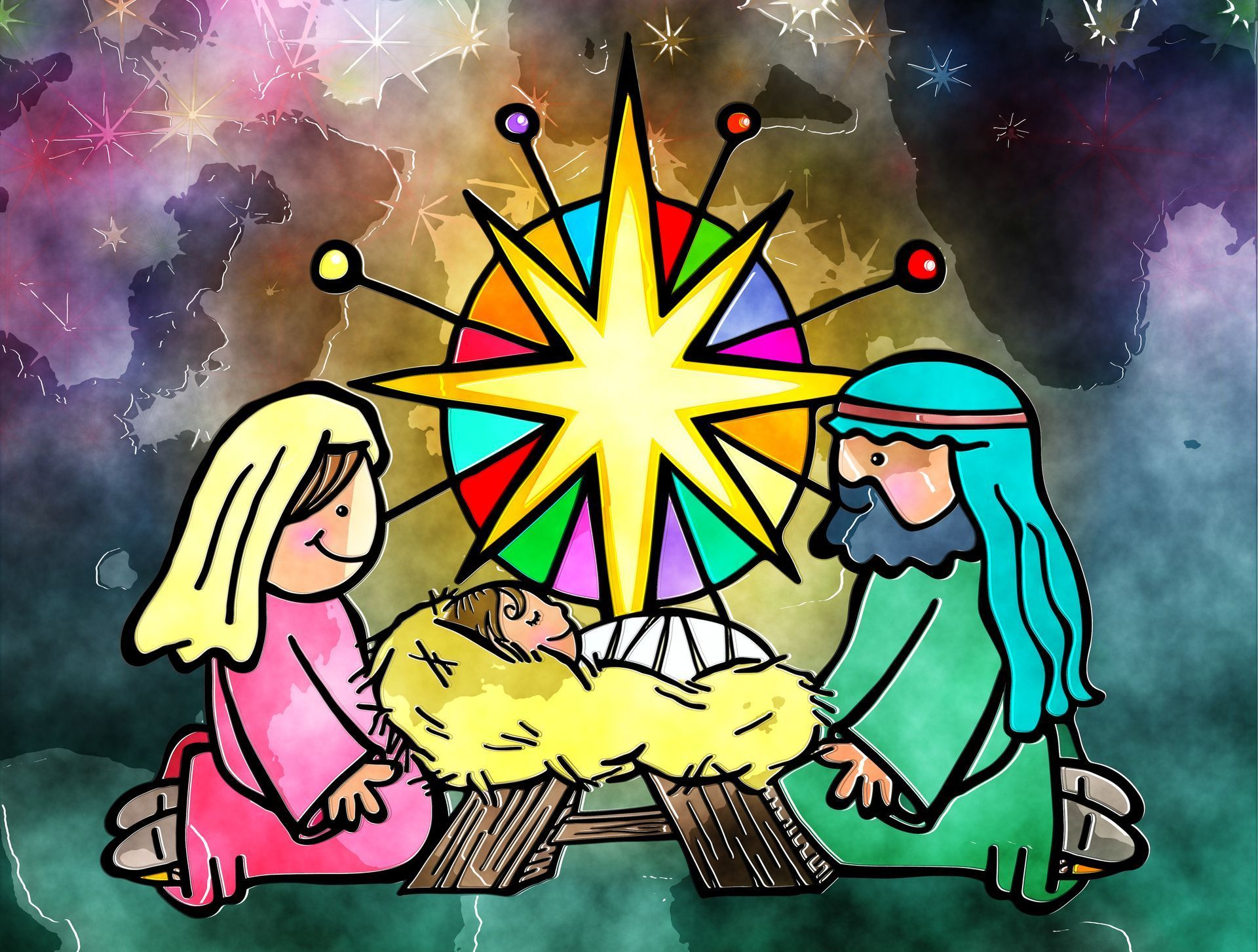 A colourful but simple nativity scene. Just Mary, Joseph and then Jesus in a manger. The scene is backed with a large colourful star.