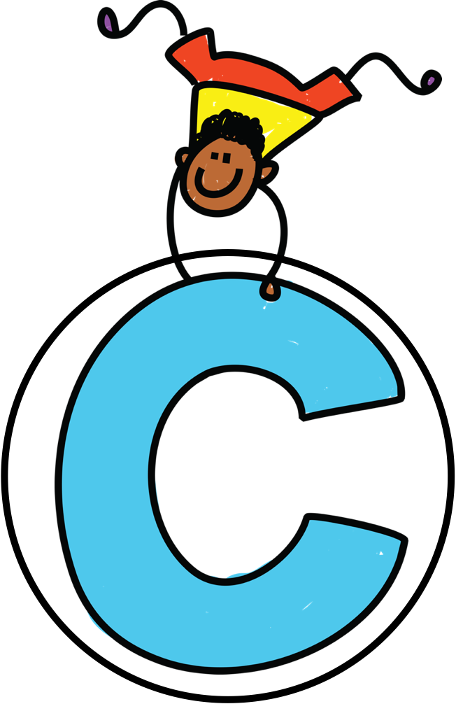 A line drawing child jumping over a copyright symbol.