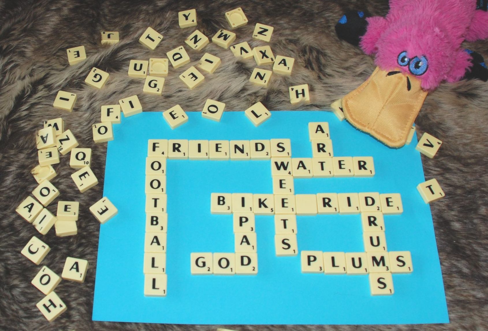 What looks like a scrabble game, using words that say what we're thankful for. Anno the small pink platypus is looking at the words.
