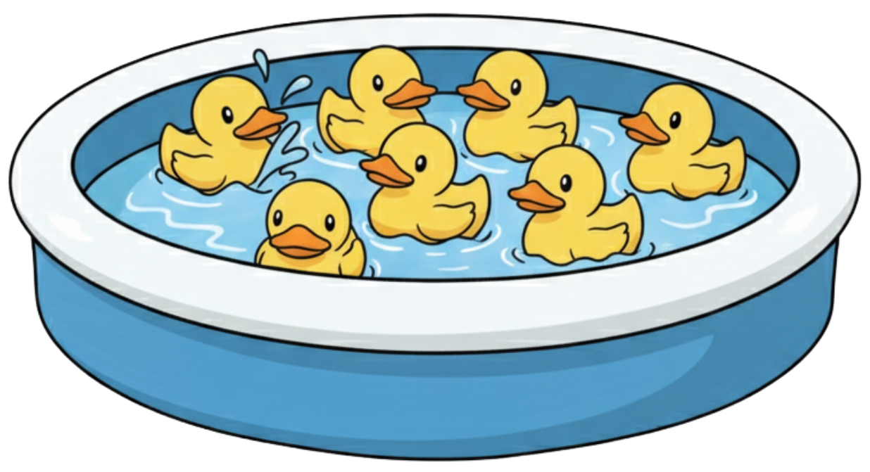 Cartoon of yellow 
rubber ducks in a paddling pool