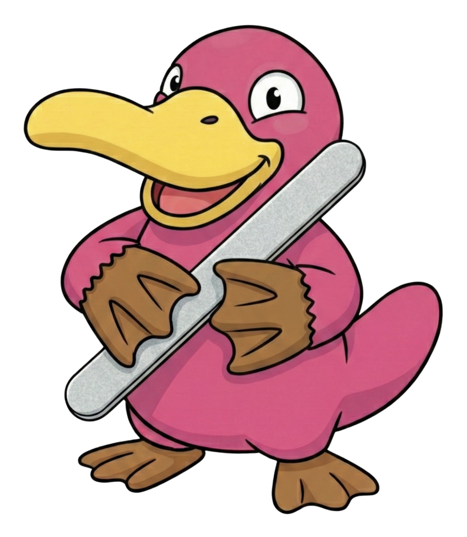 Theo the pink platypus holding an emery board nail file