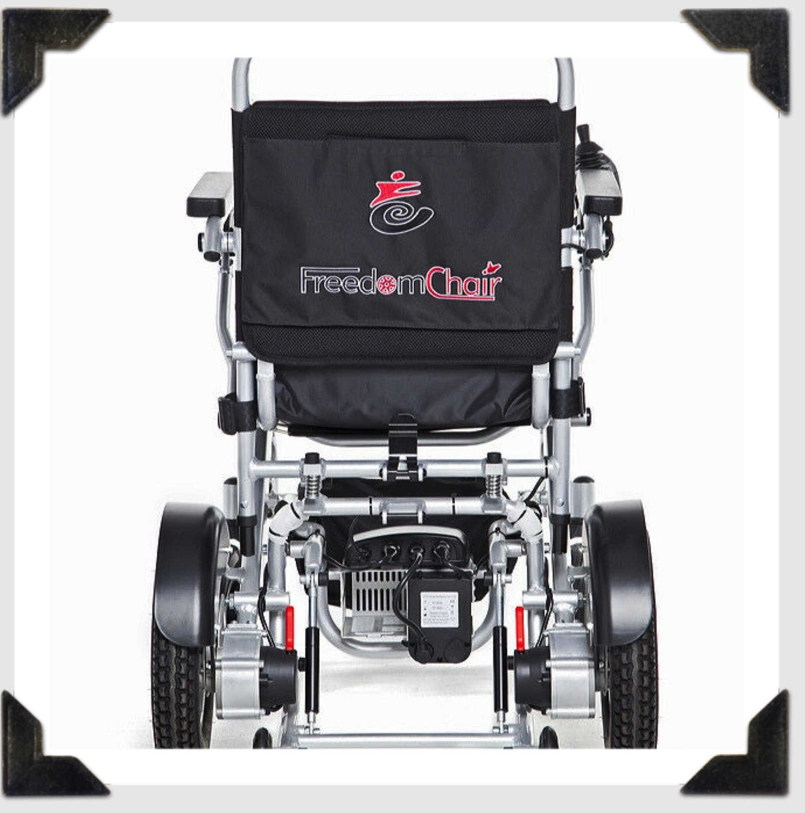Picture of a Freedom Wheelchair, taken from the back.