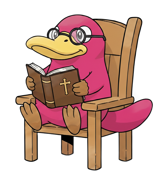 A cartoon of Theo the pink platypus puppet sitting in a wooden chair. He has reading glasses perched on his beak.
He's reading his Bible.