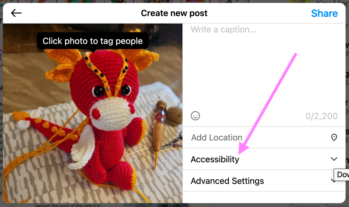 screen shot from Instagram showing how to add alt text