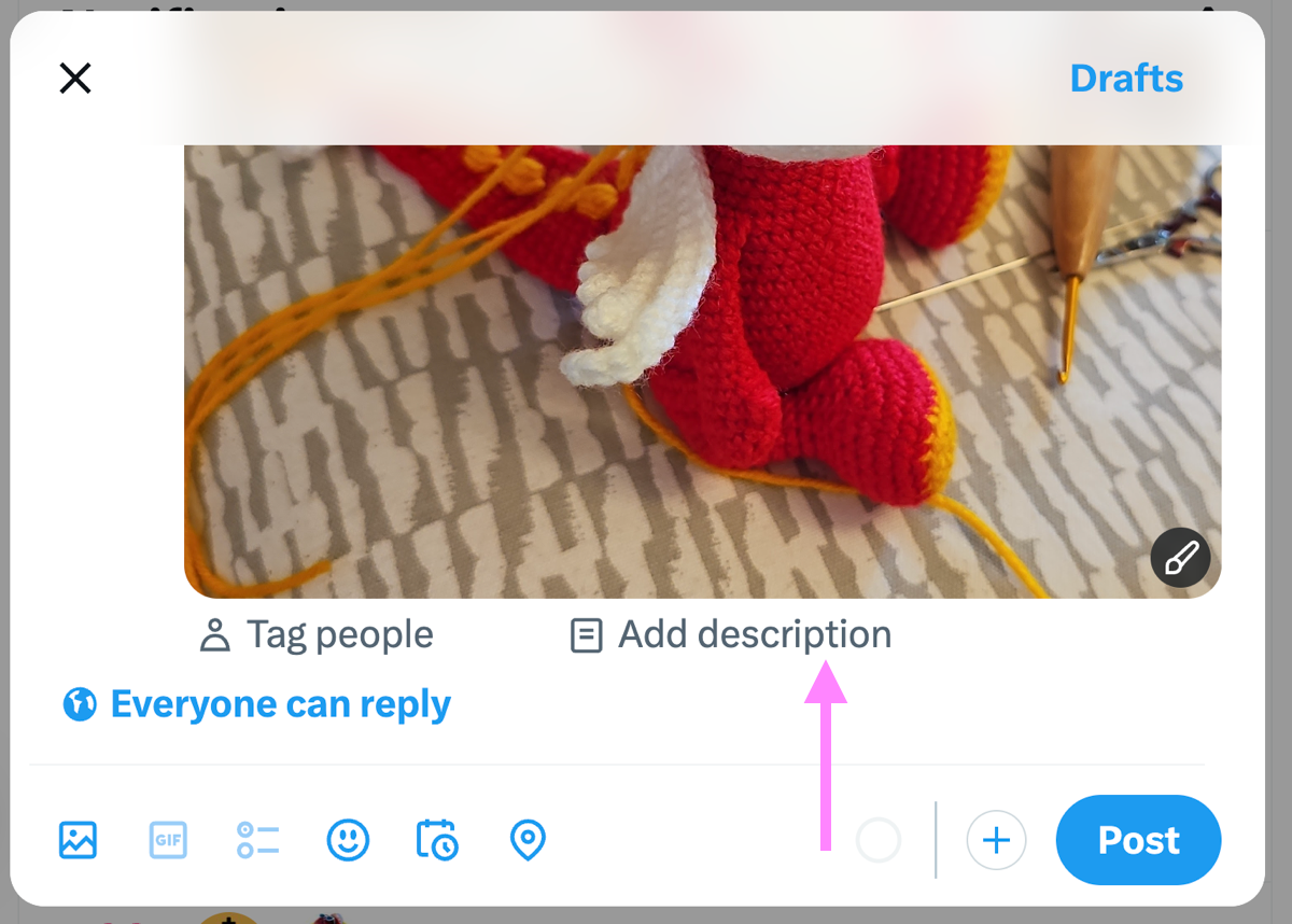 screen shot from X (Twitter) showing how to add alt text