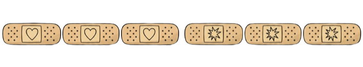 A line of plasters (or Band aids for the americans). Of of them have hearts drawn on them, others have a cartoon spikey splat.