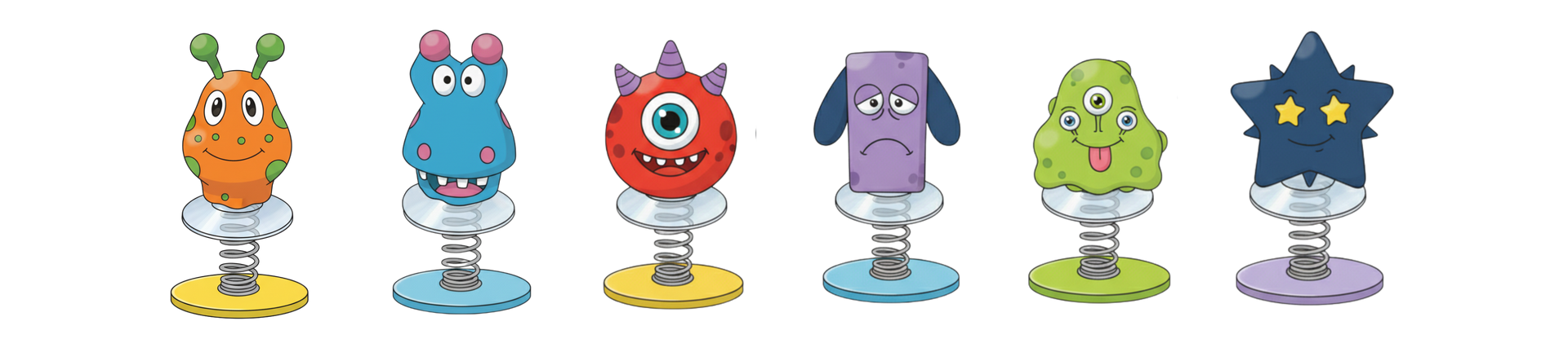 A line of pop up toys with different monster style faces.