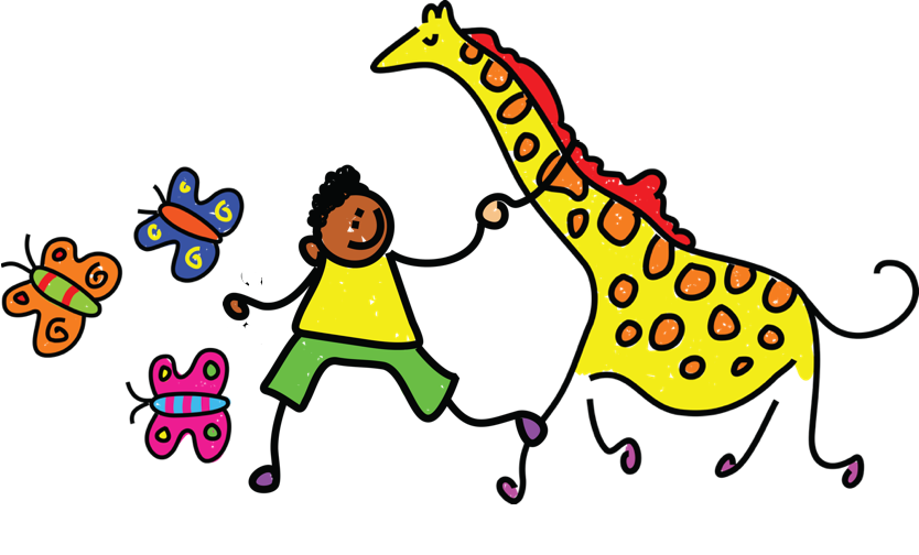 A simple but colourful stick man style cartoon. There is a boy with a giraffe and three butterflies.
