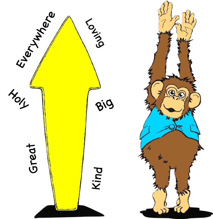 A cartoon of Albert the Chimpanzee. He is standing on tiptoe with his arms stretched up high.
Next to him is an upward pointing arrow with words around it.
The words are great, holy, everywhere, loving, big and kind.
