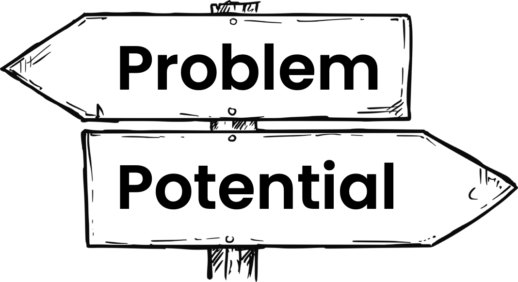 Line drawing of a signpost. One sign points to the lef and says 'problem'. the other points to the right and says 'potential'.