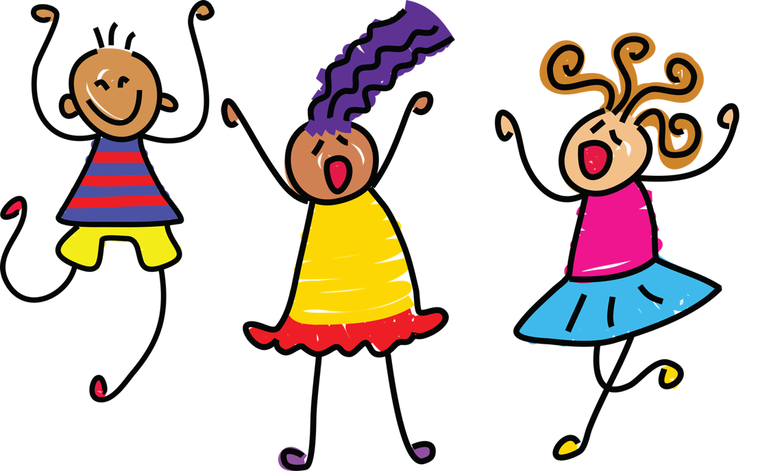 Three children shouting - drawn in a colourful stickman style.