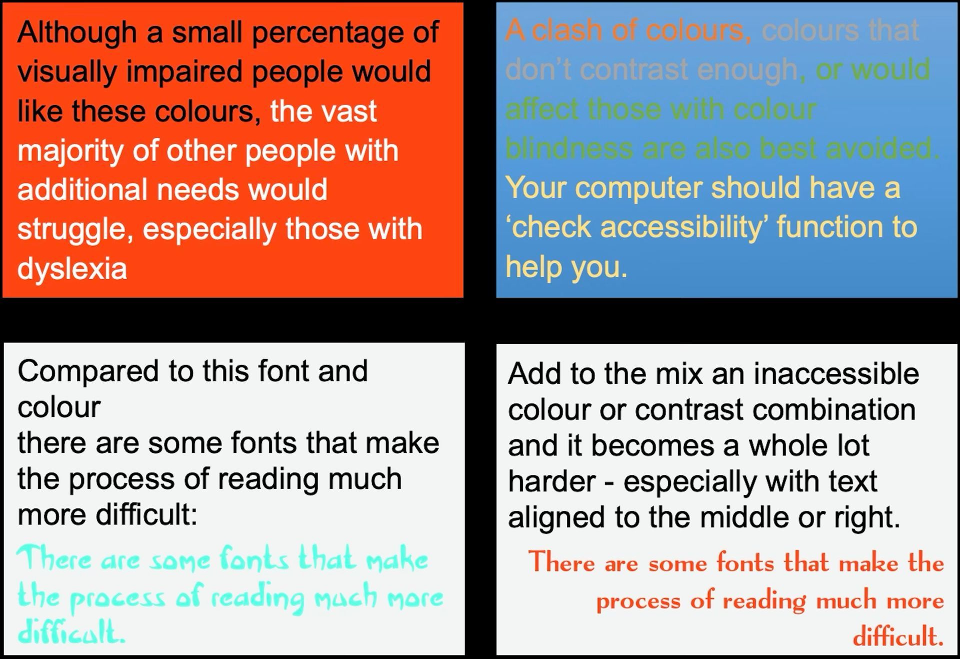 Four boxes showing different examples of poor accessibility in text.