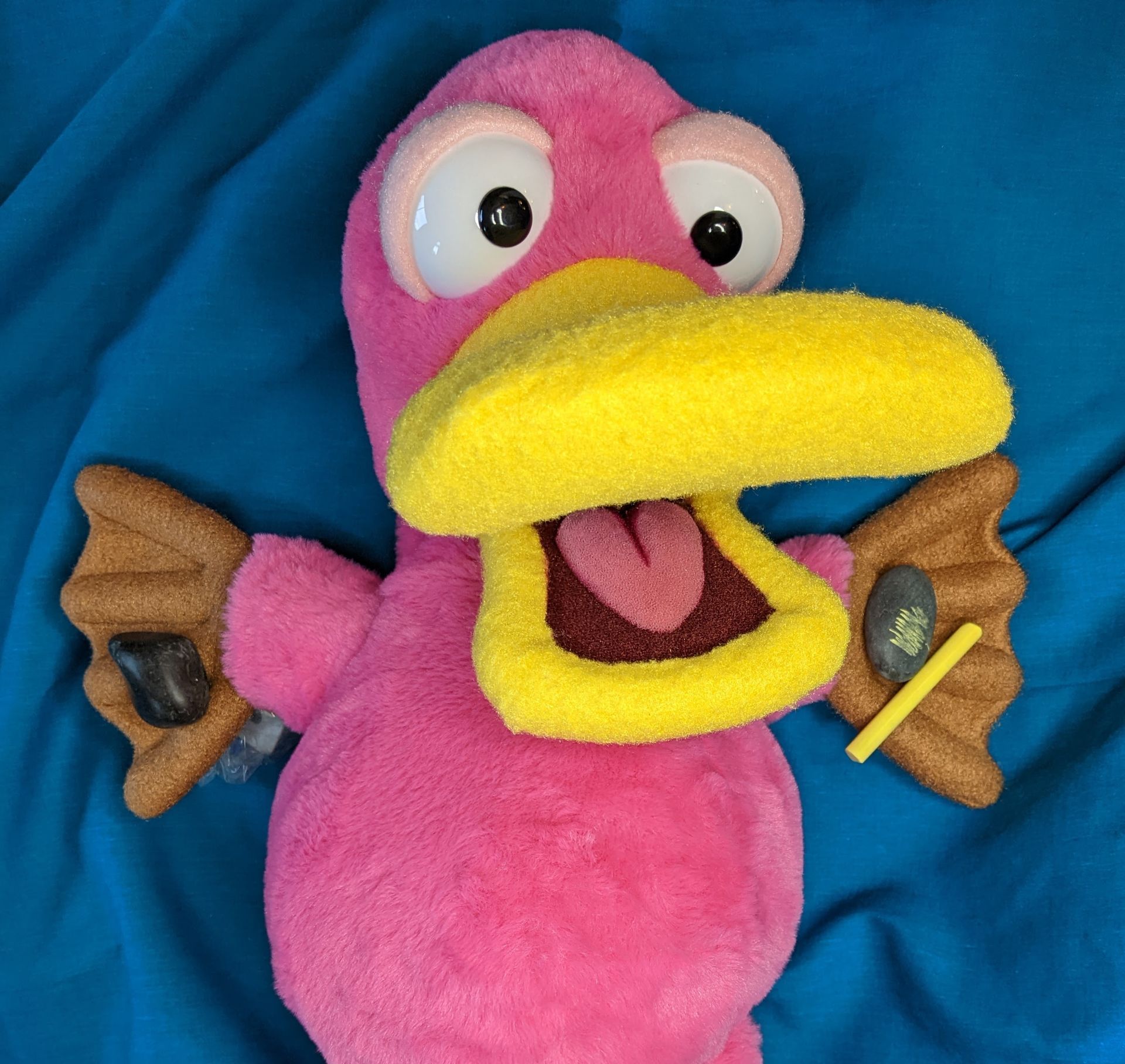 Theo the Pink platypus puppet. He is holding a black stone in each flipper along with a piece of chalk in his left flipper.