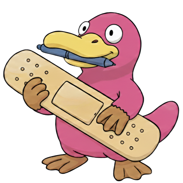 cartoon of theo the pink platypus, holding an oversized plaster (band aid) and holding a pen in his beak