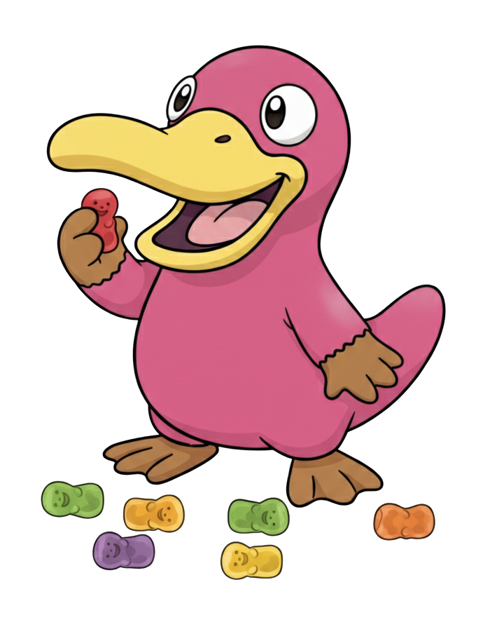 Theo the pink platypus eating some jelly babies