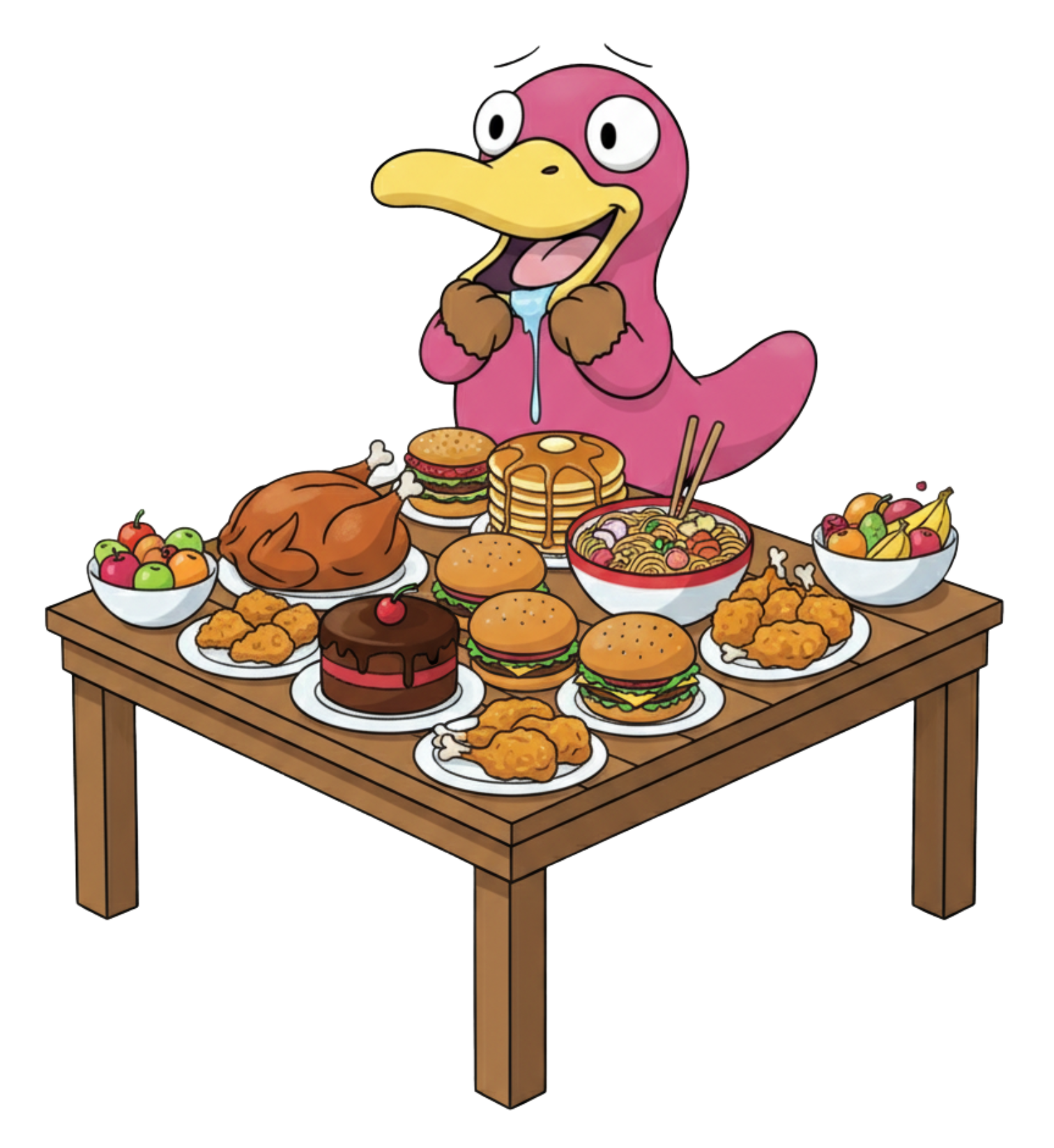 A cartoon of theo the pink platypus. He's staring in anticipation at a table full of food.