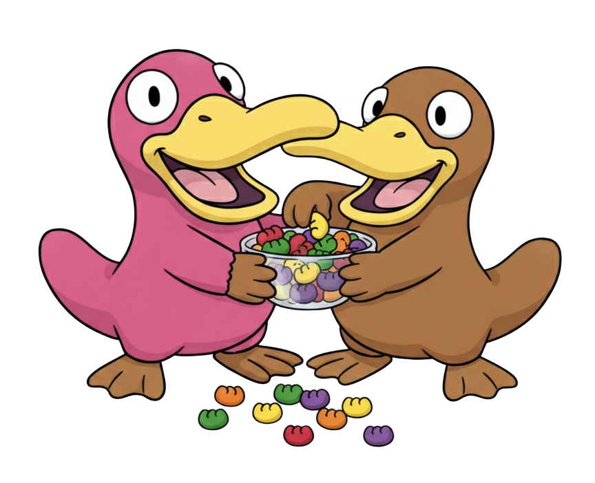 Cartoon of theo the pink platypus with a friend, the are sharing a bowl of jelly babies
