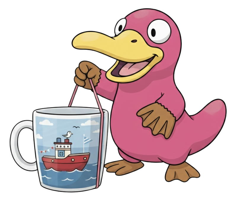 A cup with an elastic band around it from top to bottom. theo the pink platypus is twanging the elastic band