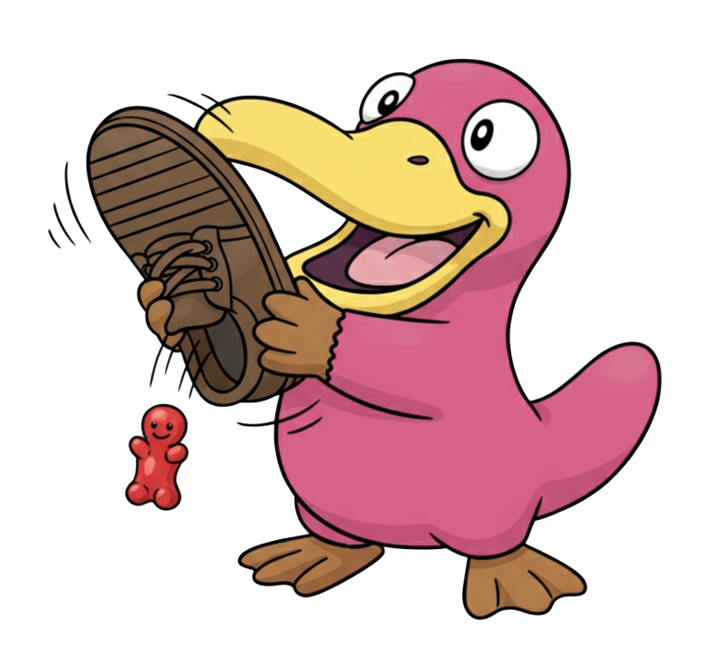 A cartoon of Theo the pink platypus. He's shaking a shoe and a red jelly baby is falling out of the shoe.