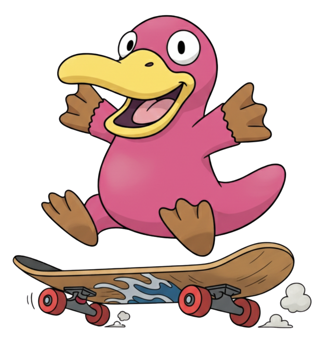 A cartoon of theo the pink platypus on a skateboard