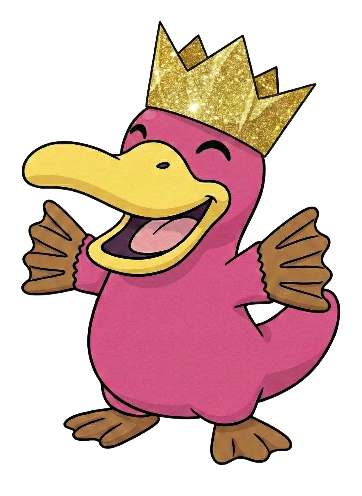 A cartoon of Theo the Pink Platypus wearing a glittery paper crown.