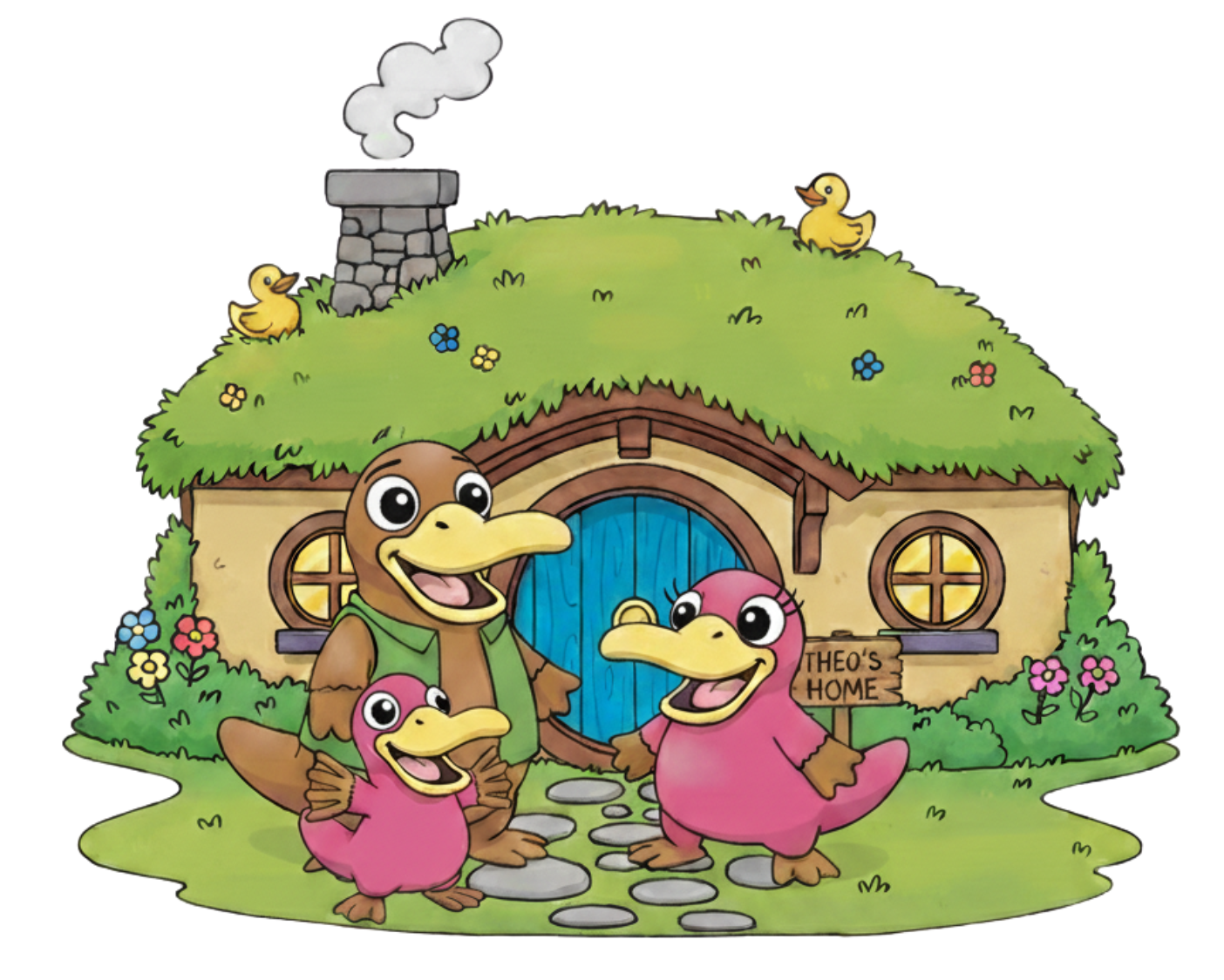 Theo the pink platypus standing outside his home. The home is a hobbit style bungalow with a round door. It has two rubber ducks on it's grassy roof.