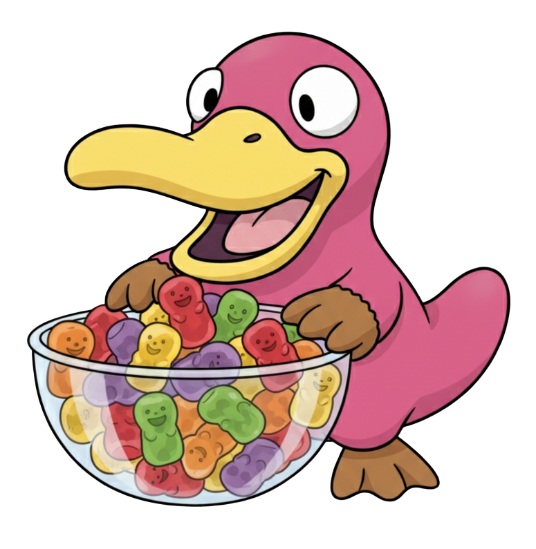 A cartoon of theo the pink platypus with A bowl of jelly babies