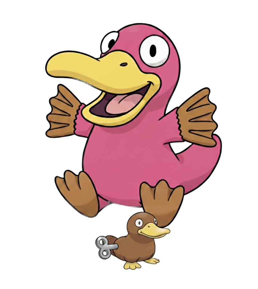 Theo the Pink platypus puppet looking at some wind up, walking toys.