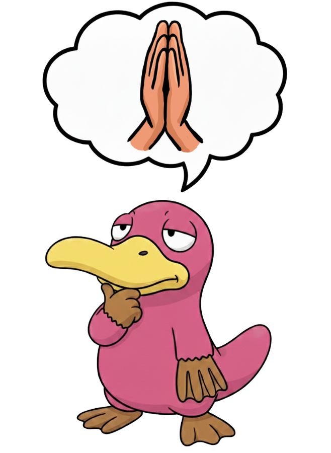 A Cartoon of Theo the Pink Platypus looking thoughtful. there is a think bubble above his head with praying hands in it.