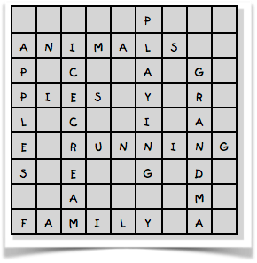 Squared paper with words put in like a crossword or scrabble.