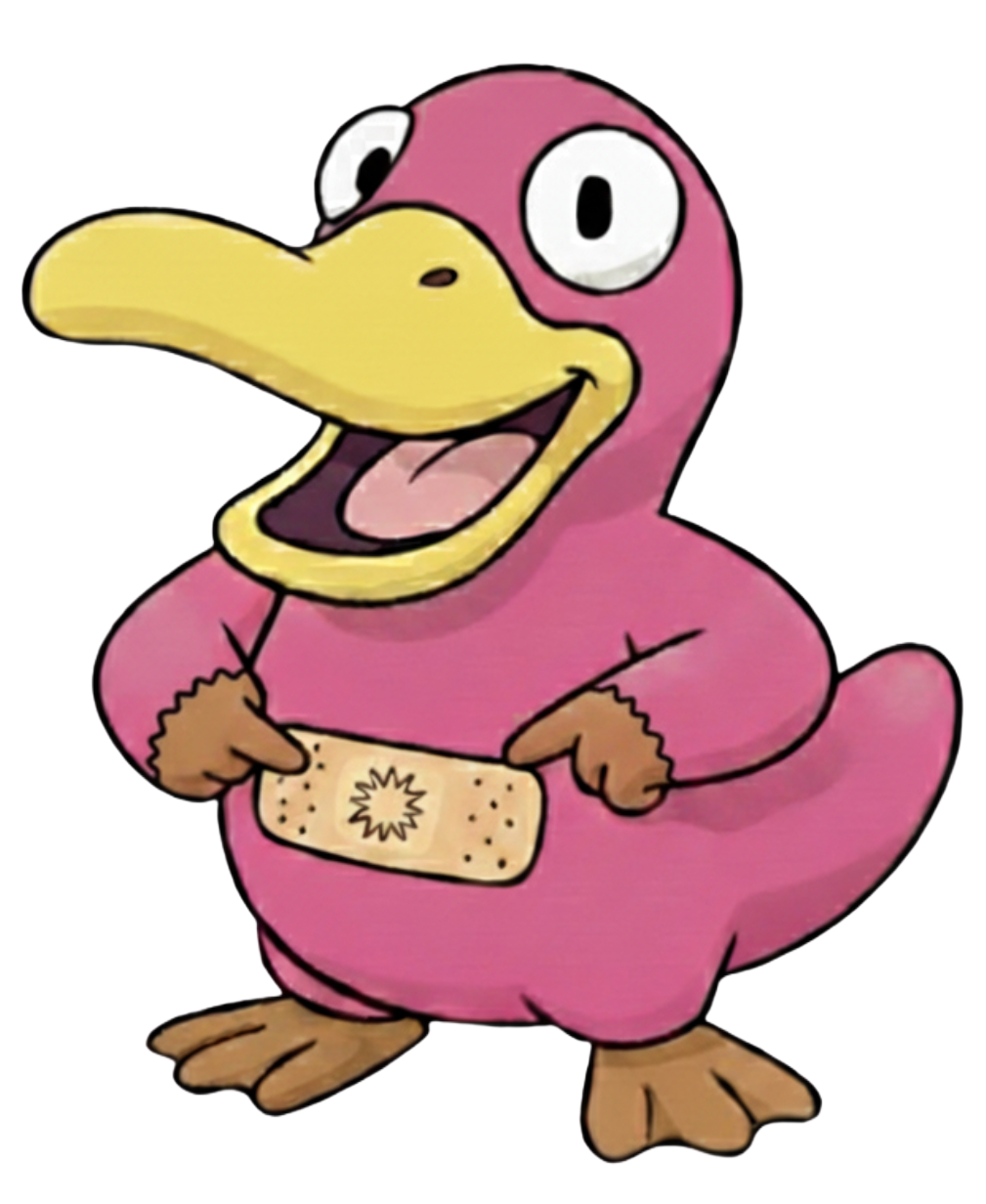 A cartoon of Theo the Pink Platypus. He has a plaster on his tummy - which he is pointing to with both hands.
