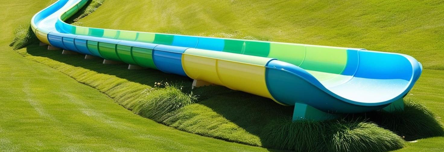 A long brightly coloured slide running across grassy hills