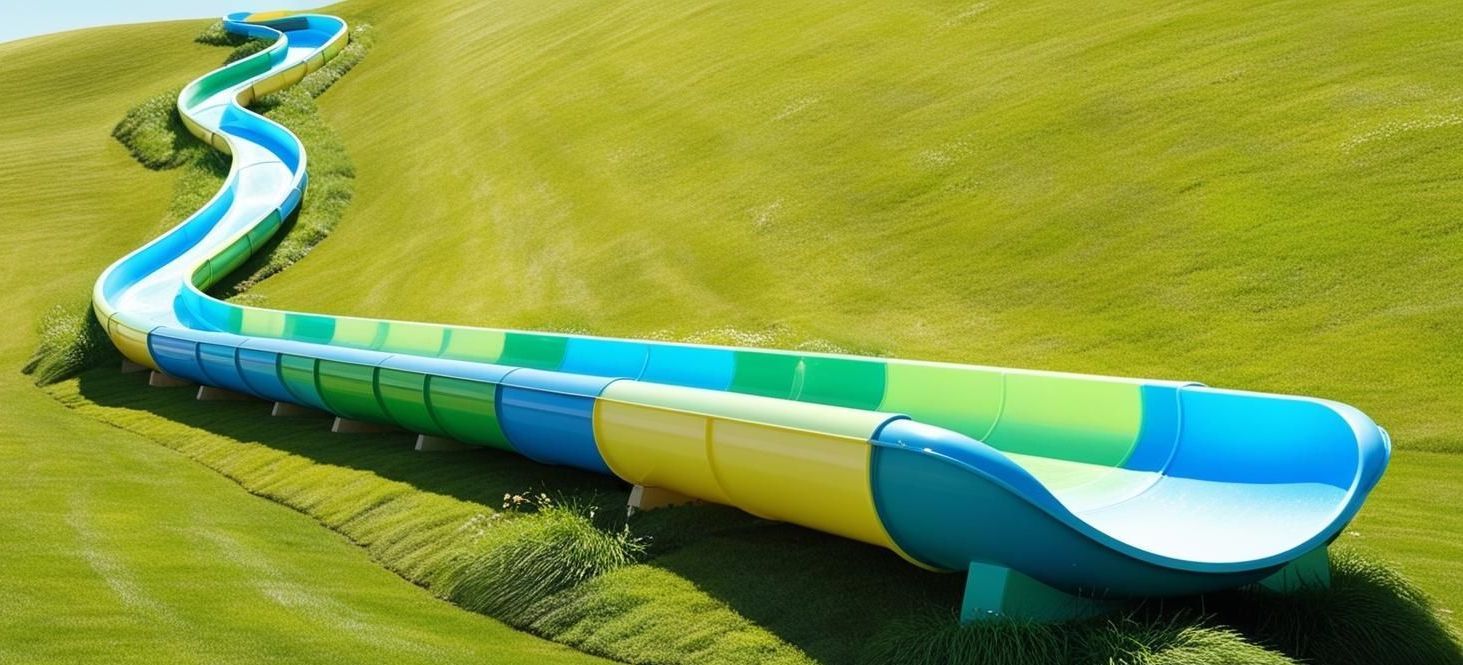 A long colourful slide coming down a grassy hill