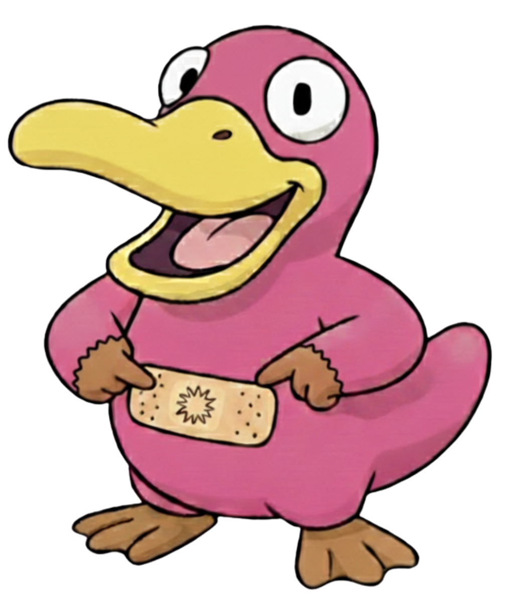 Cartoon of Theo the Pink platypus. He has a large plaster on his tummy and his hands are pointing at it.