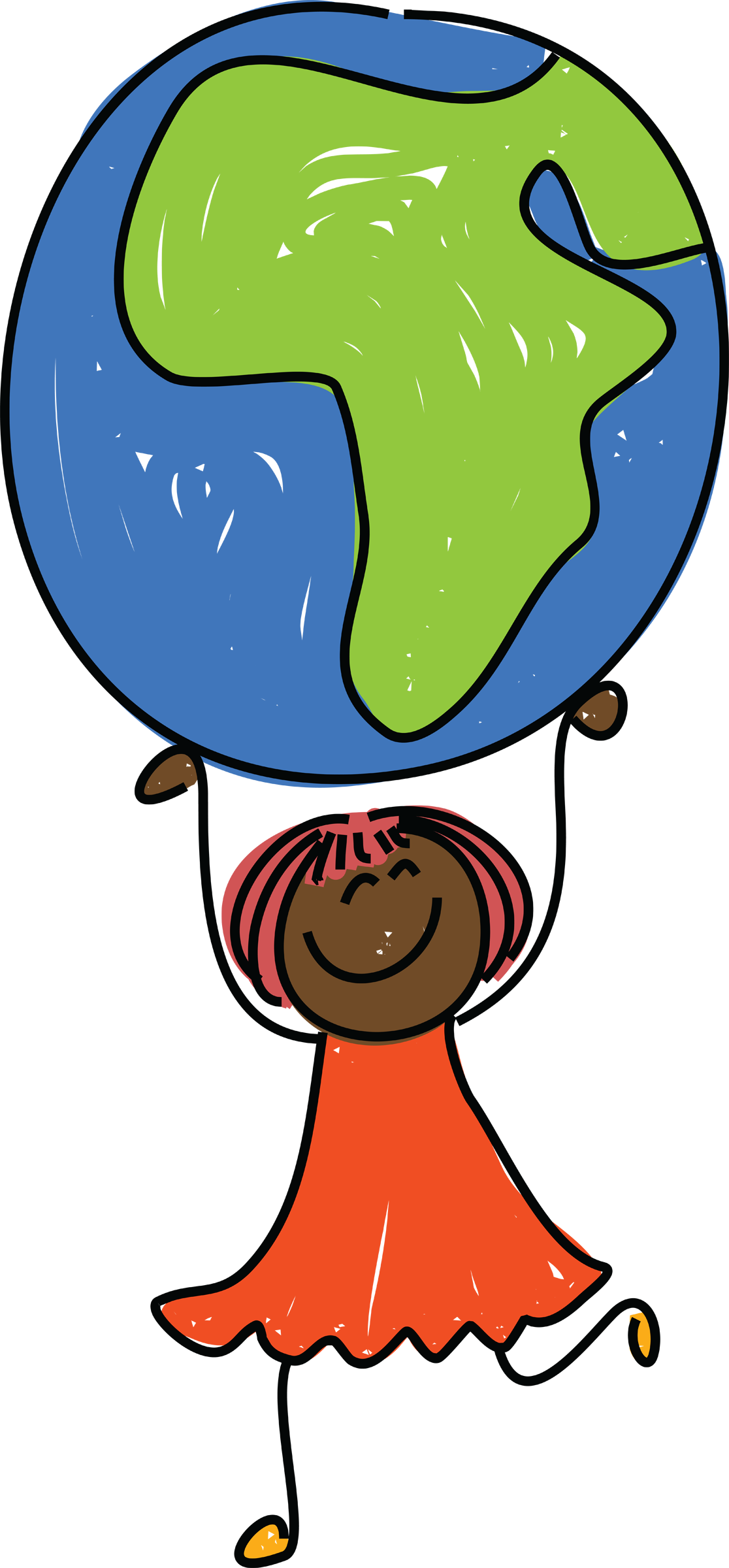 A colourful stick man style cartoon of a child holding the earth.