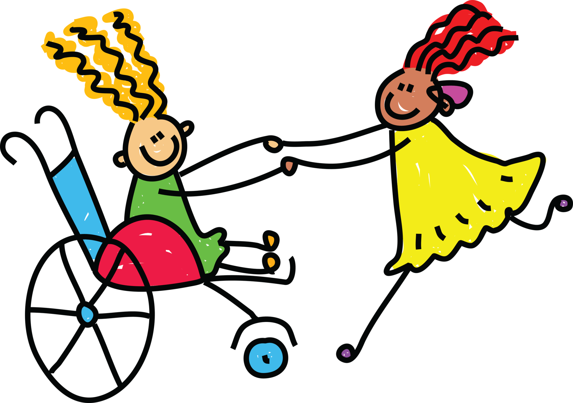 Two Cartoon stick children, one is using a wheelchair, the other has a hearing aid. They are dancing together